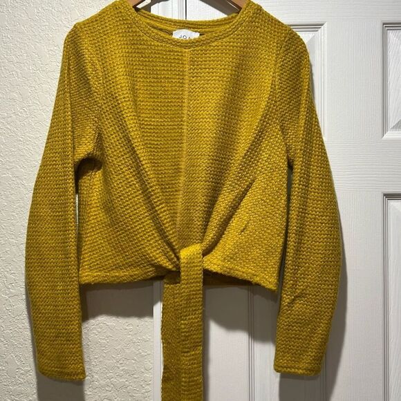 J.O.A Women's Tie Front Waffle Textured Knit Cropped Sweater Yellow Size Medium - Picture 1 of 7